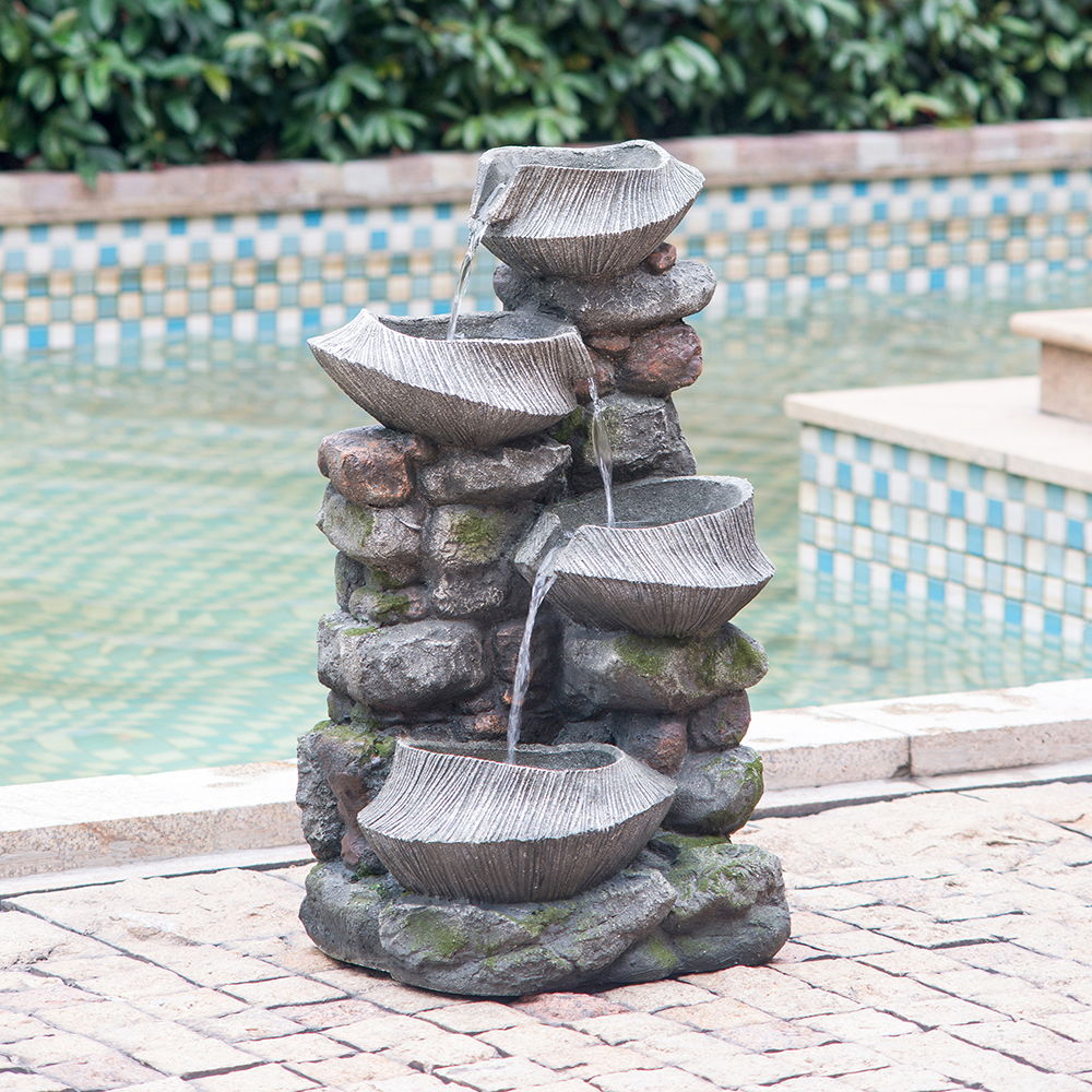 4-Tier Stone Water Fountain LED Indoor Outdoor Cascading Rock Decor