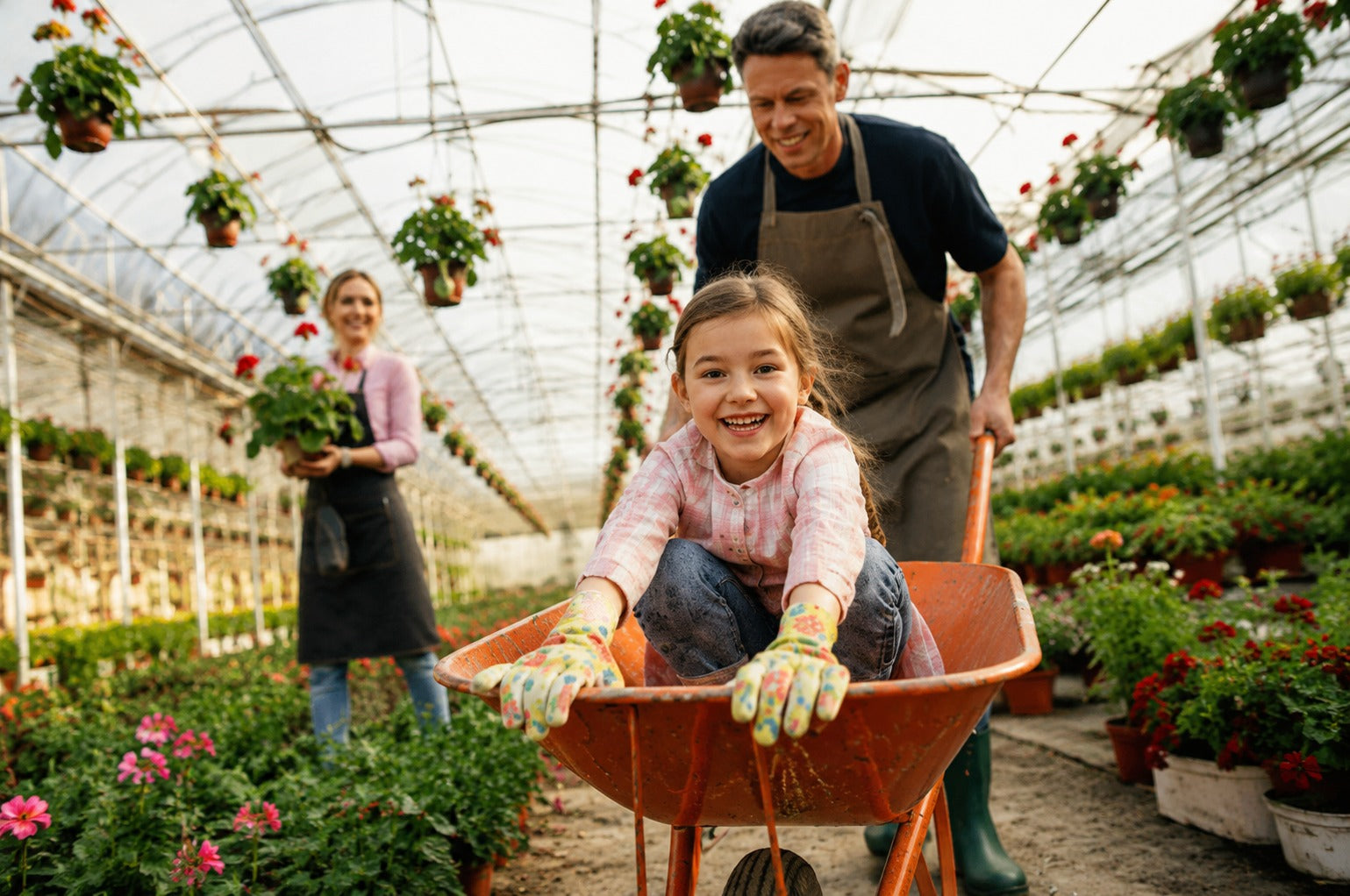 Family in a greenhouse with plants and a wheelbarrow