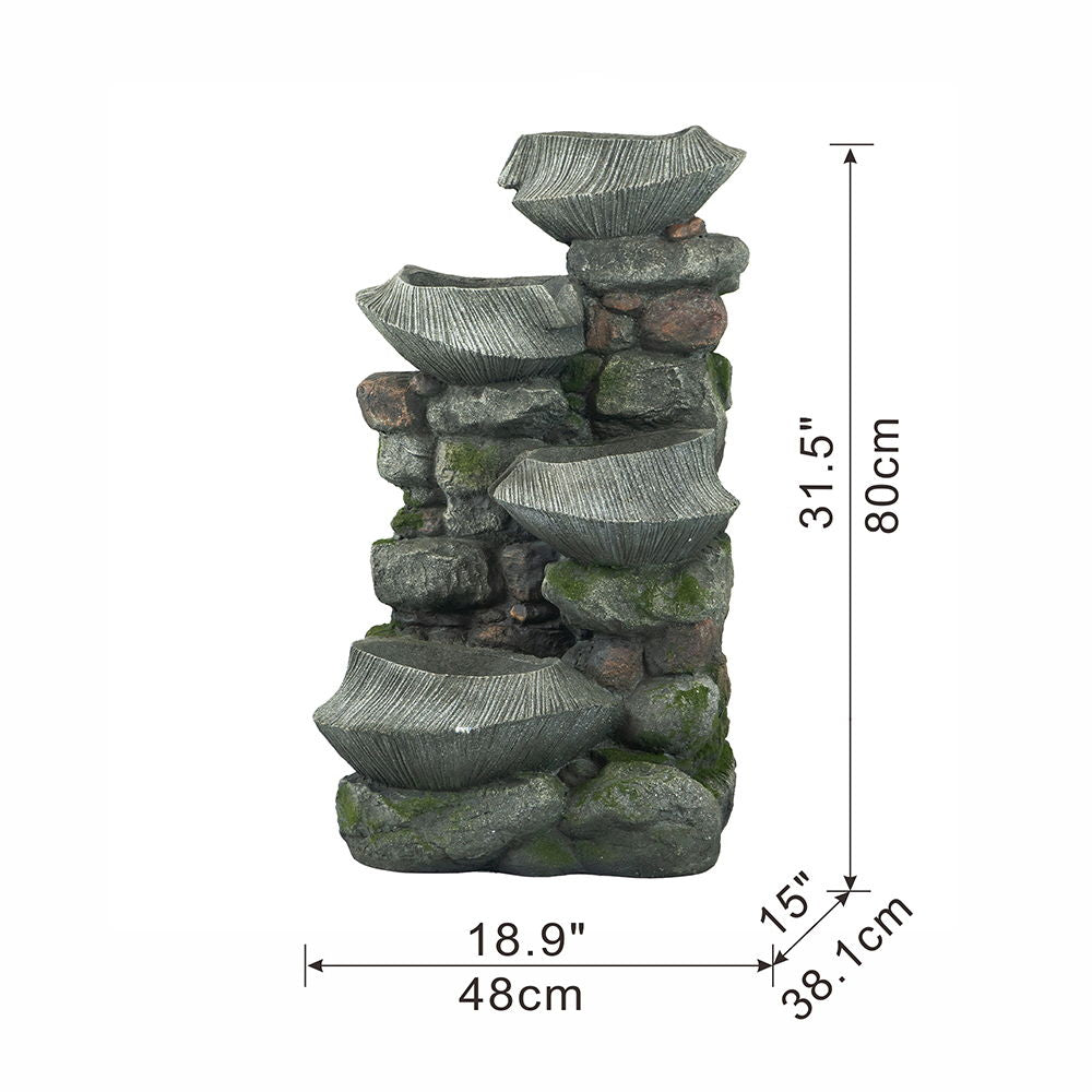 4-Tier Stone Water Fountain LED Indoor Outdoor Cascading Rock Decor