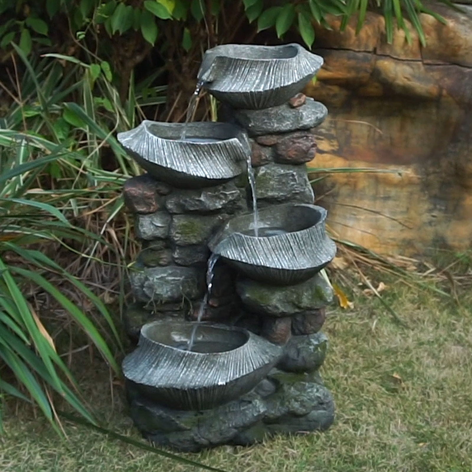 4-Tier Stone Water Fountain LED Indoor Outdoor Cascading Rock Decor