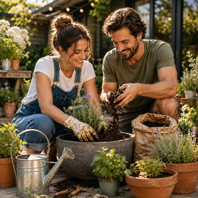 Man and woman gardening together, planting in a large pot in a garden setting.