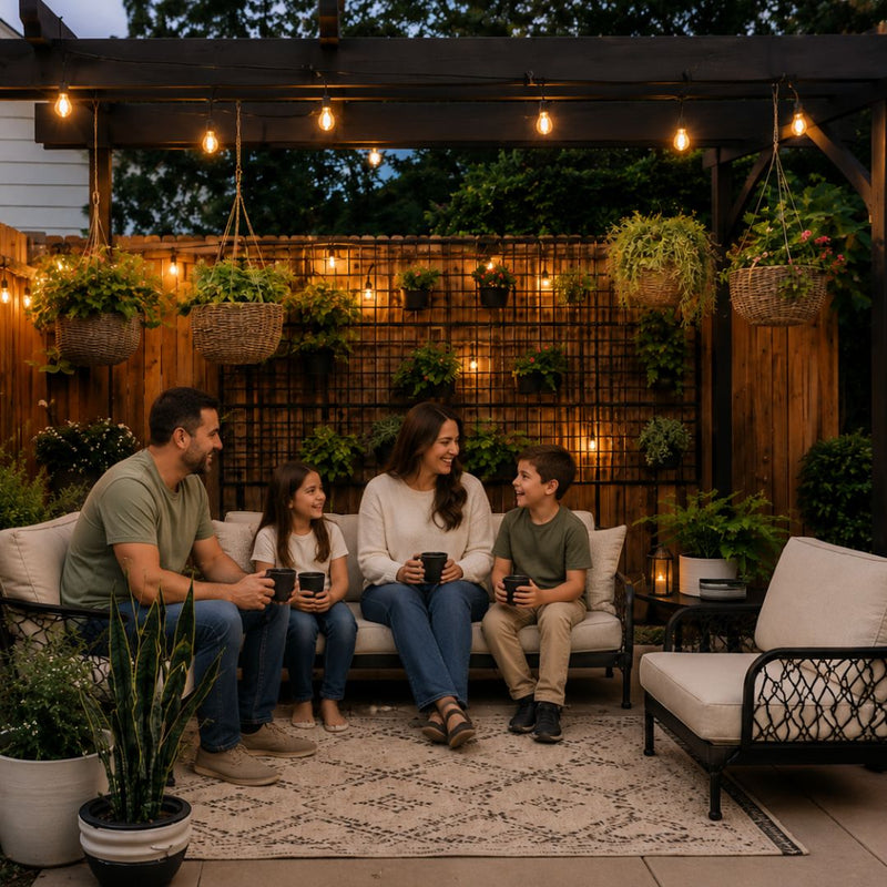 Family sitting on a patio with outdoor lighting and plants