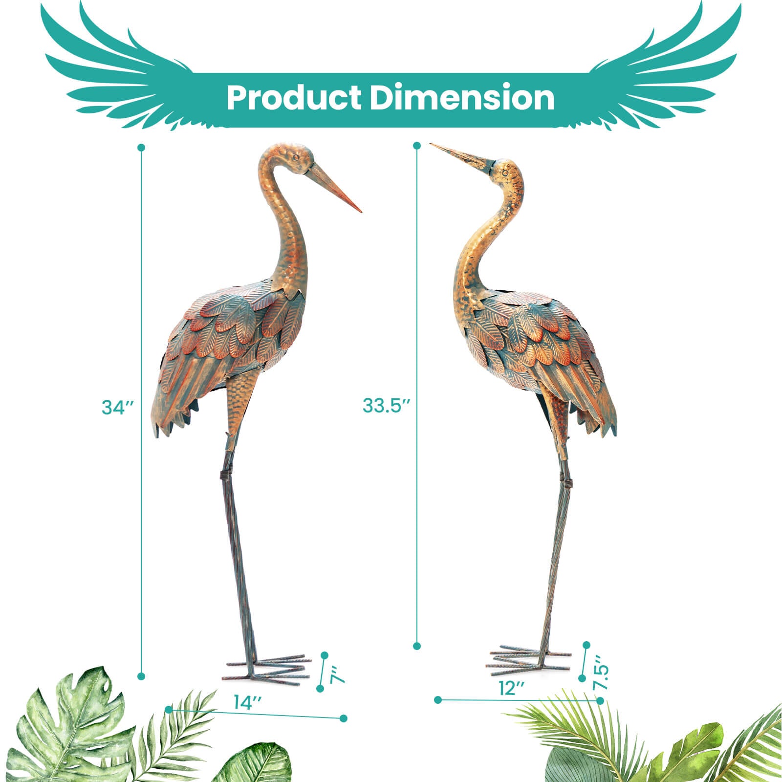 Set of 2 Crane Garden Statues Metal Standing Bird Sculptures Decor