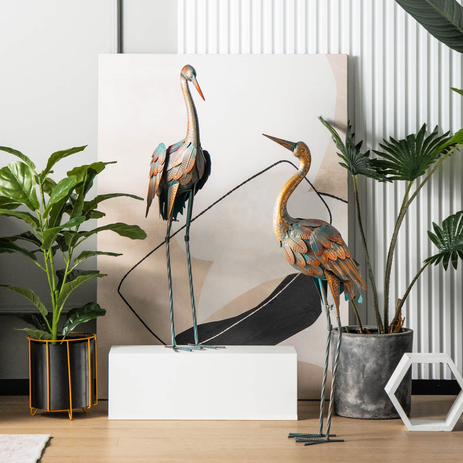 Set of 2 Crane Garden Statues Metal Standing Bird Sculptures Decor