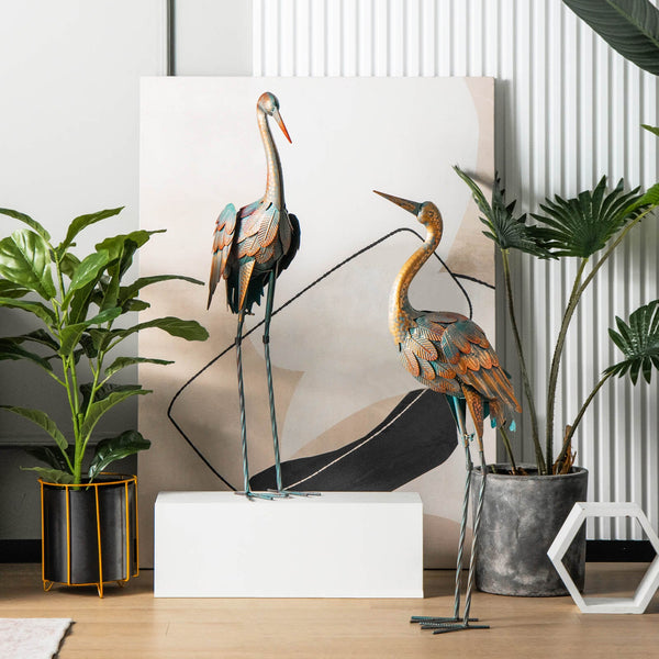 Set of 2 Crane Garden Statues Metal Standing Bird Sculptures Decor