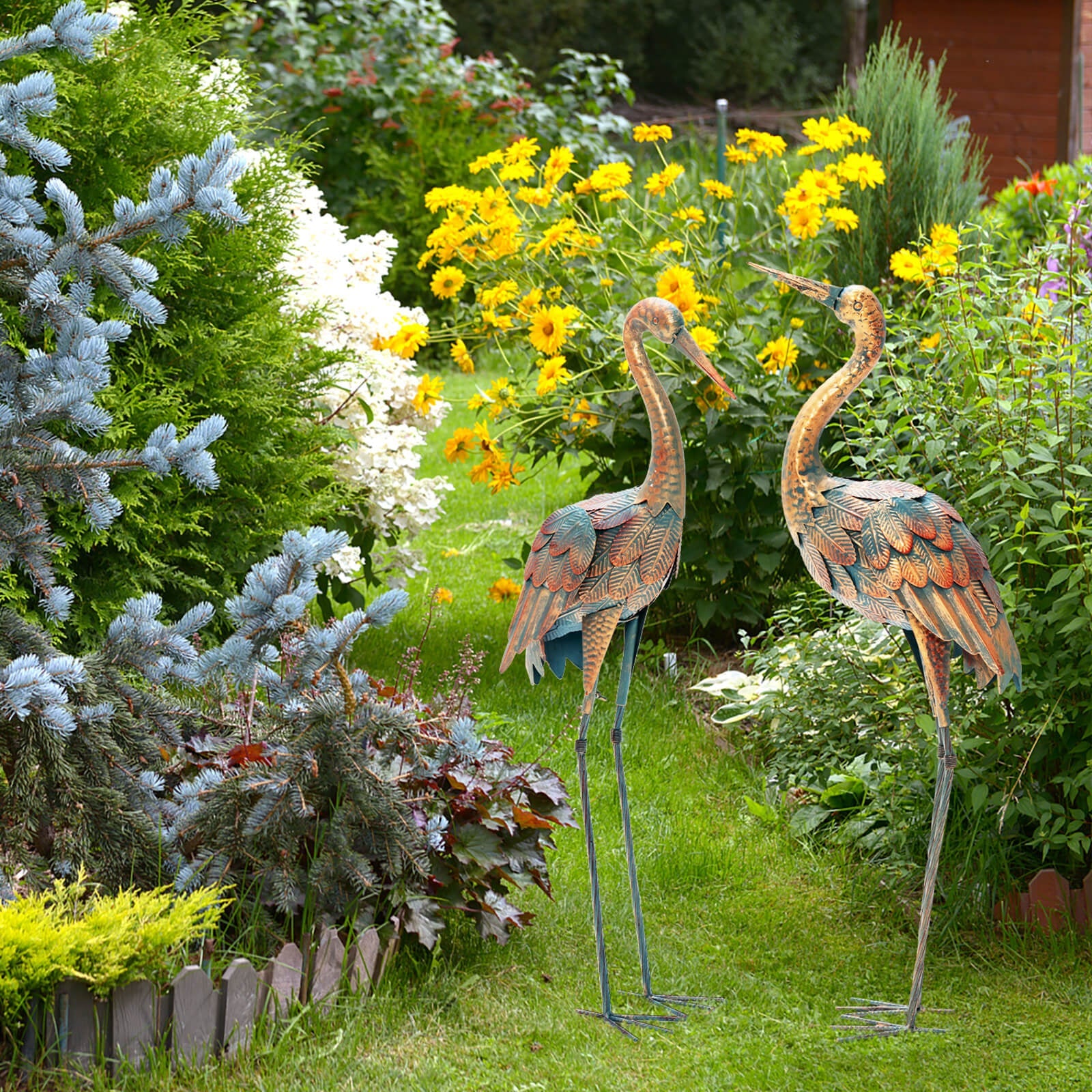 Set of 2 Crane Garden Statues Metal Standing Bird Sculptures Decor