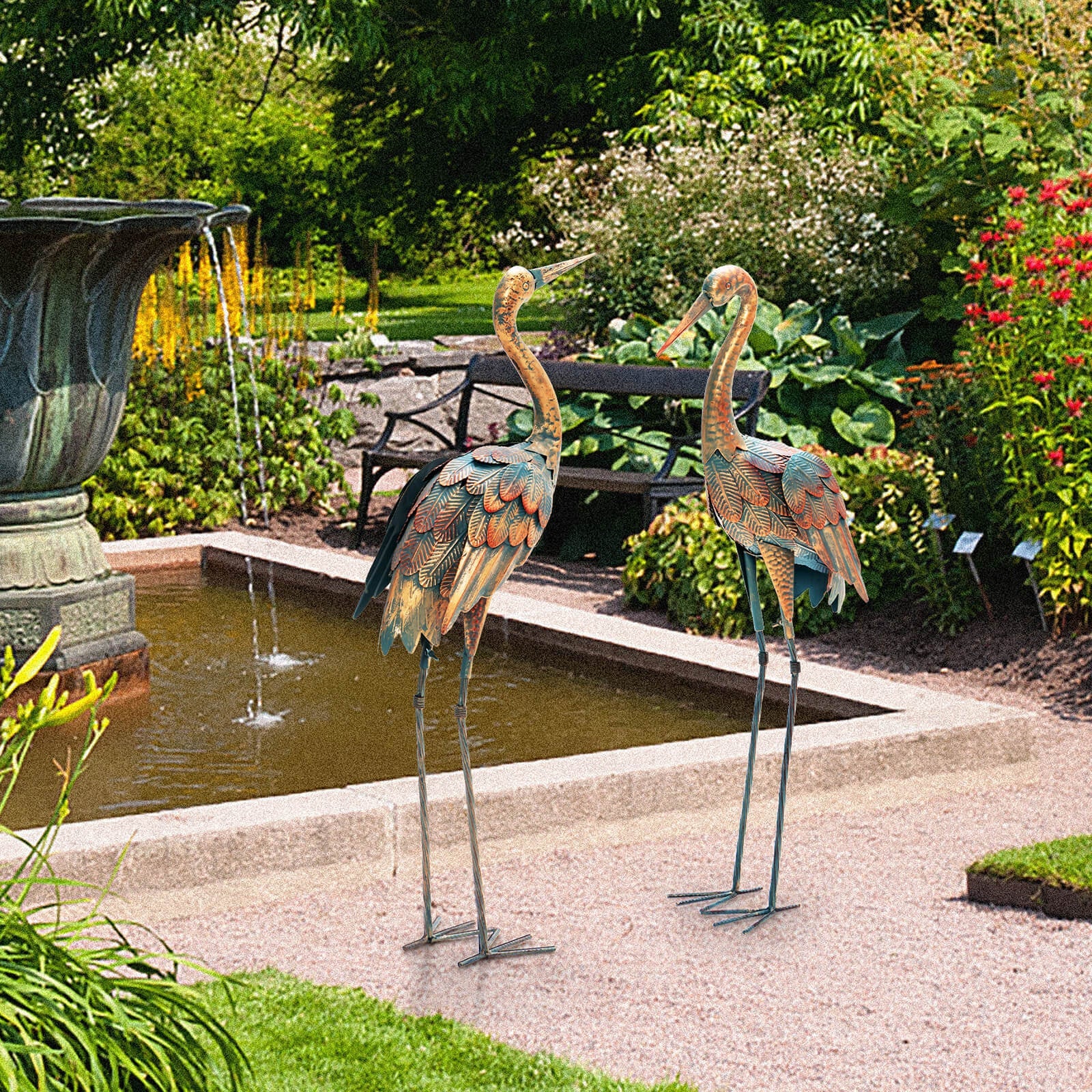 Set of 2 Crane Garden Statues Metal Standing Bird Sculptures Decor
