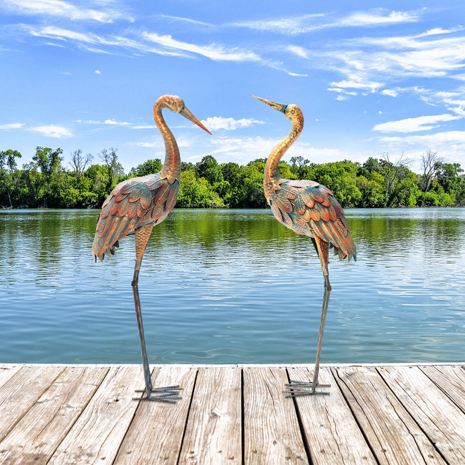 Set of 2 Crane Garden Statues Metal Standing Bird Sculptures Decor