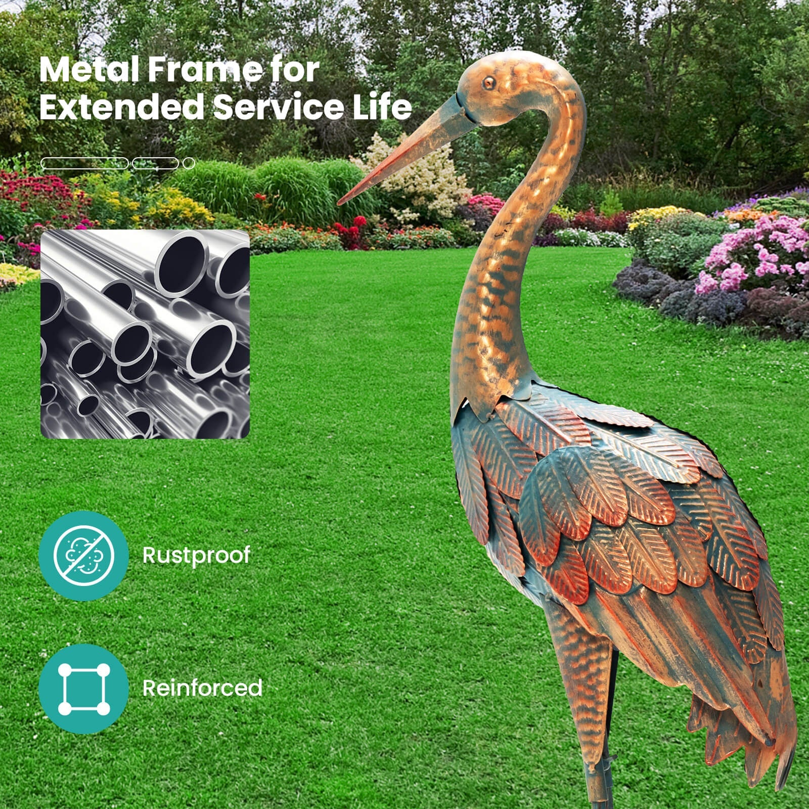Set of 2 Crane Garden Statues Metal Standing Bird Sculptures Decor