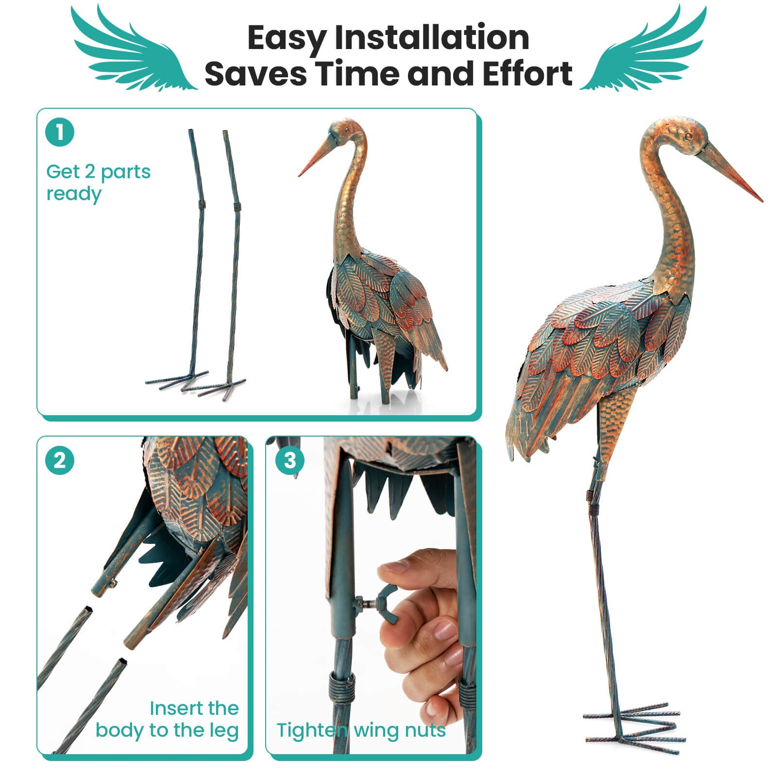 Set of 2 Crane Garden Statues Metal Standing Bird Sculptures Decor