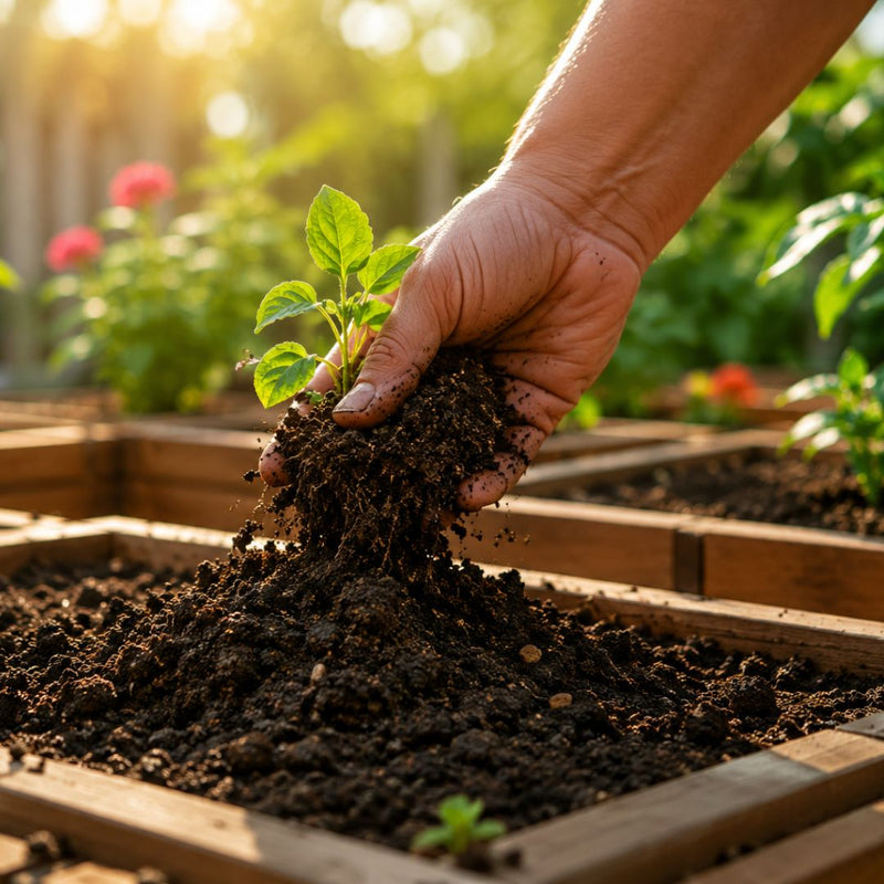 Hand planting a small plant into soil in a garden bed with flowers in the background
