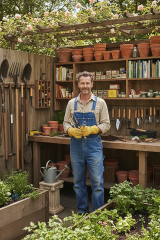 Man in a garden shed surrounded by gardening tools and plants