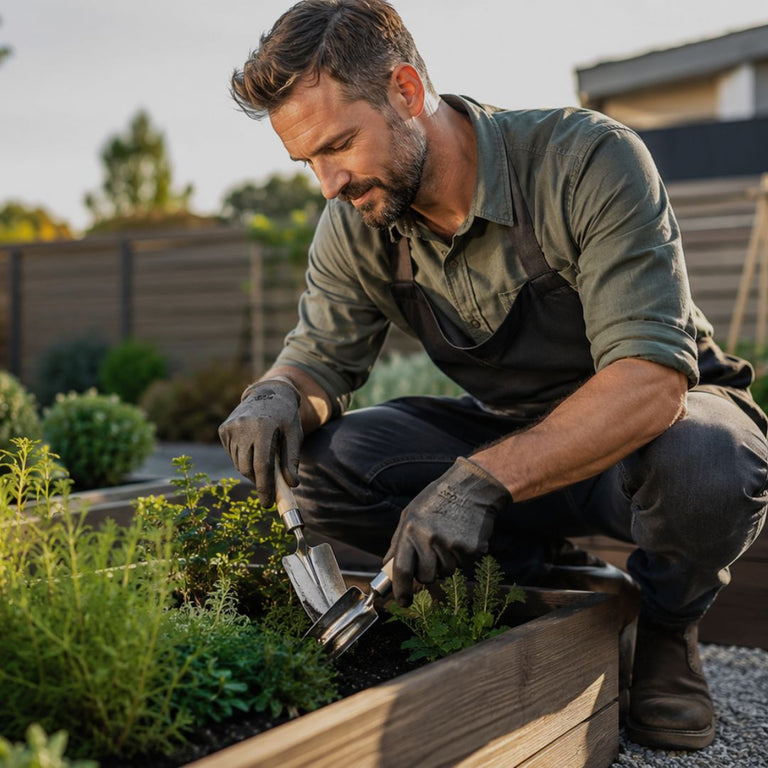 Man gardening in a raised bed with tools and plants
