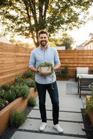 Man holding a potted plant in a backyard setting