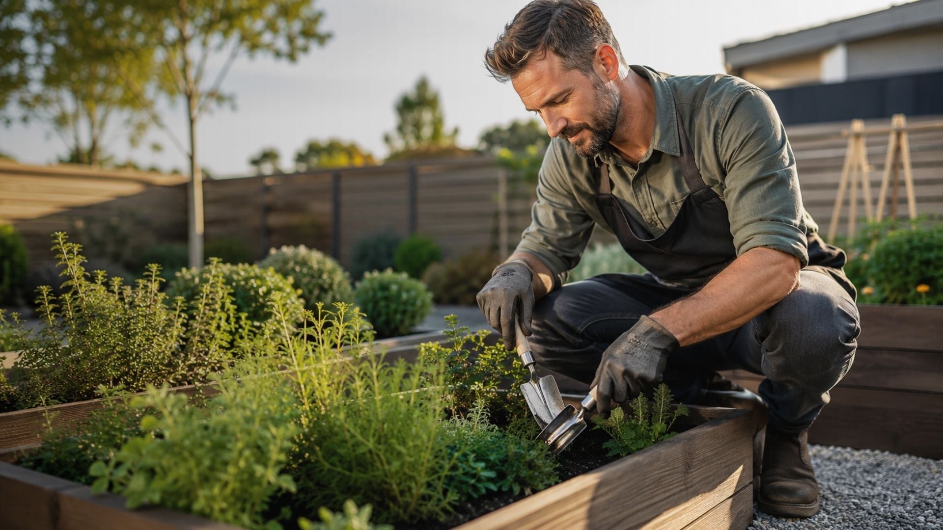Man gardening in a raised bed with tools and plants