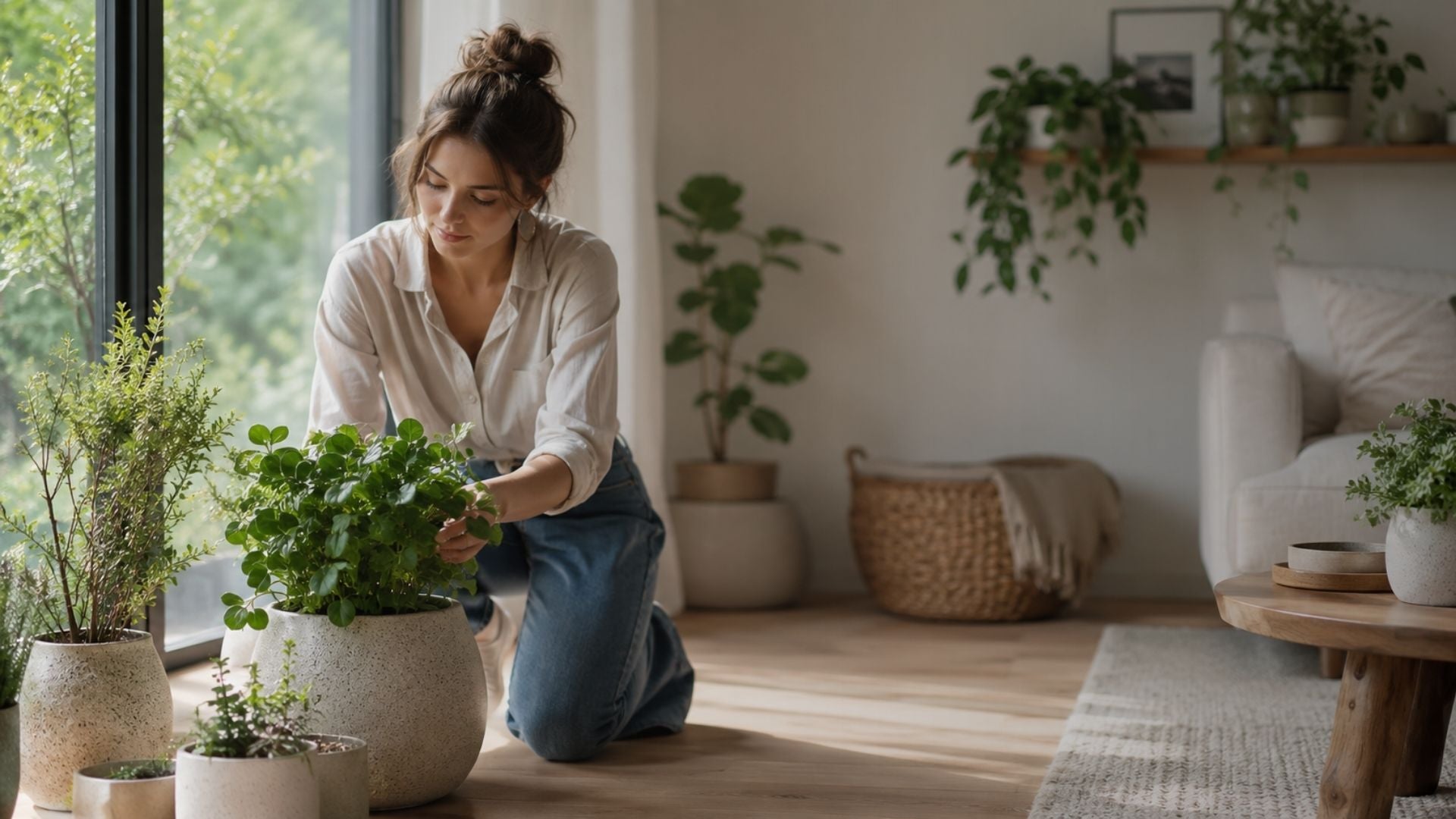 Woman tending to indoor plants in a cozy living room