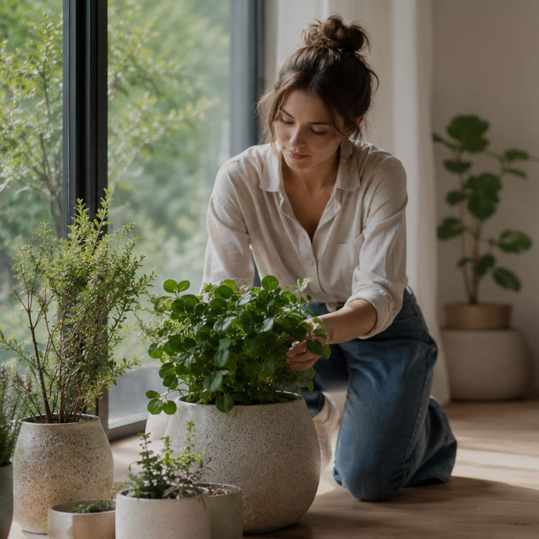Woman tending to indoor plants in a cozy living room