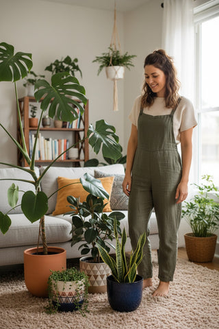 Woman standing in a living room with plants and a bookshelf.