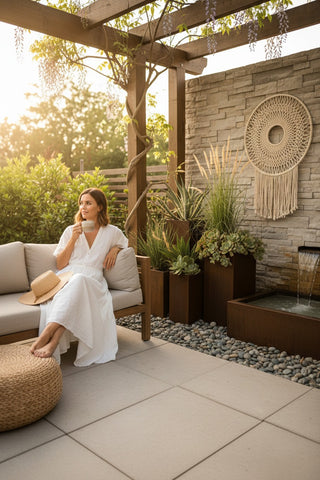 Woman in a white dress sitting on a patio with plants and a stone wall in the background